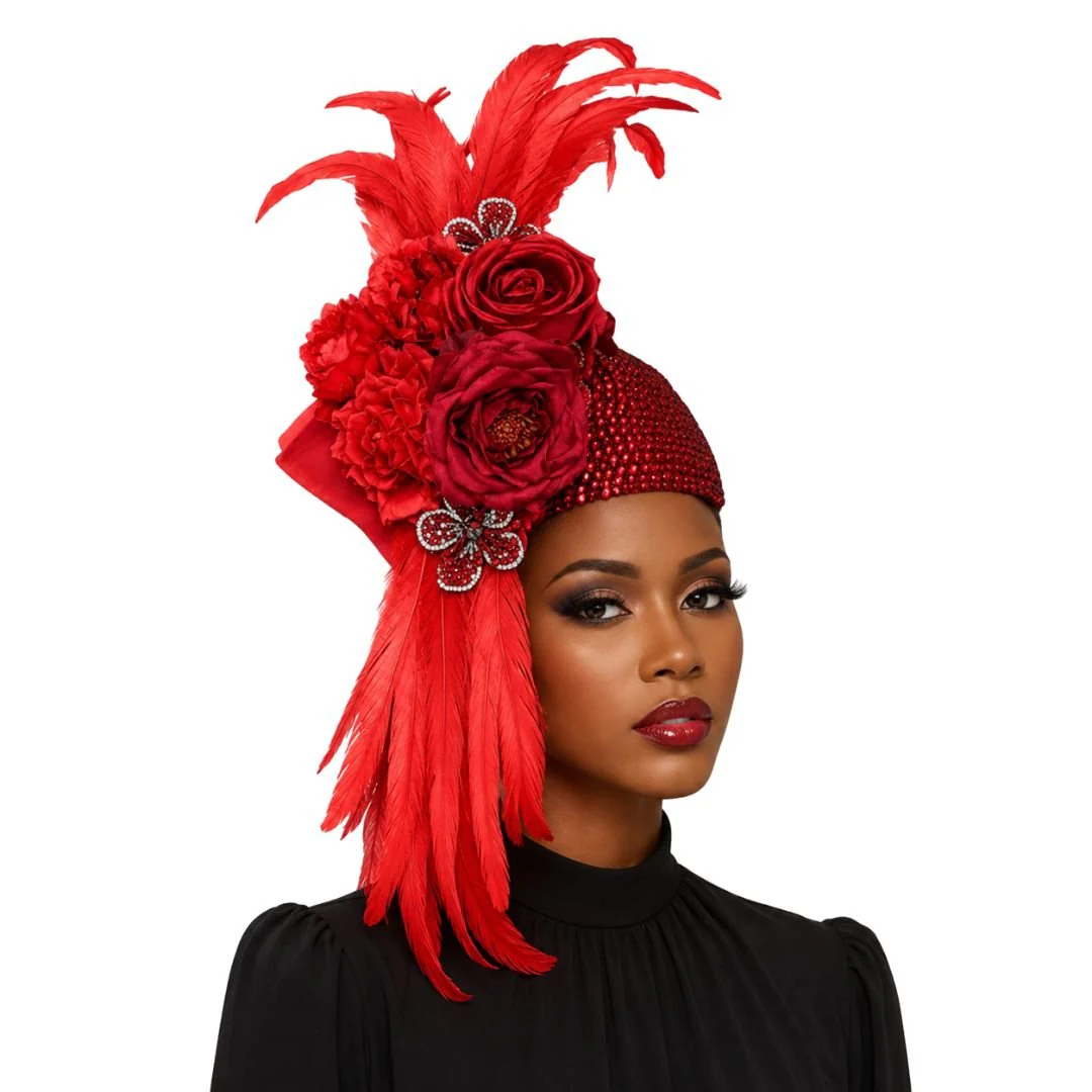 Adele Red Rhinestone Feather Church Hat - Whittall & Shon