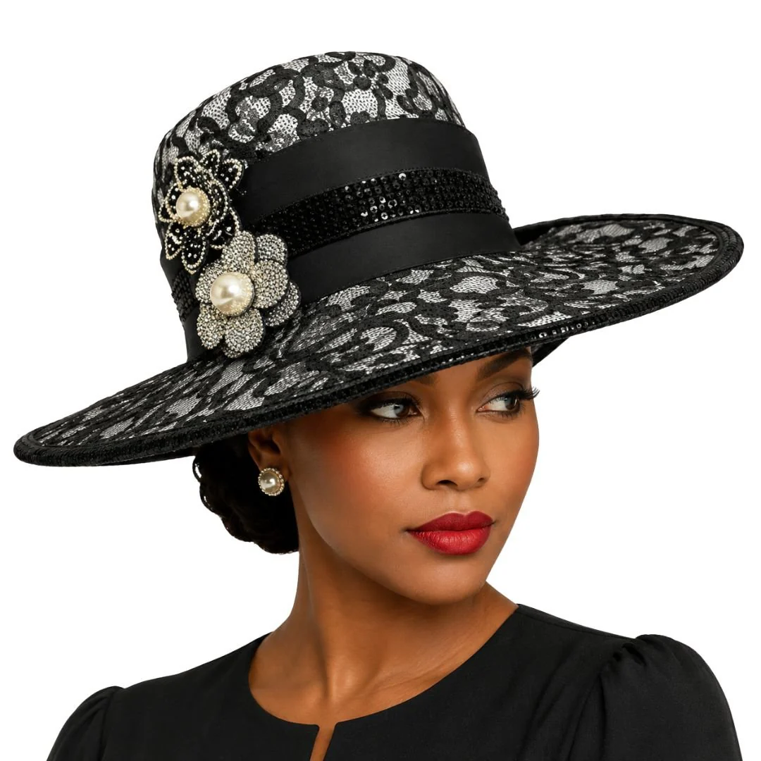 Eleanor Black Lace Fedora Church Hat - Whittall & Shon