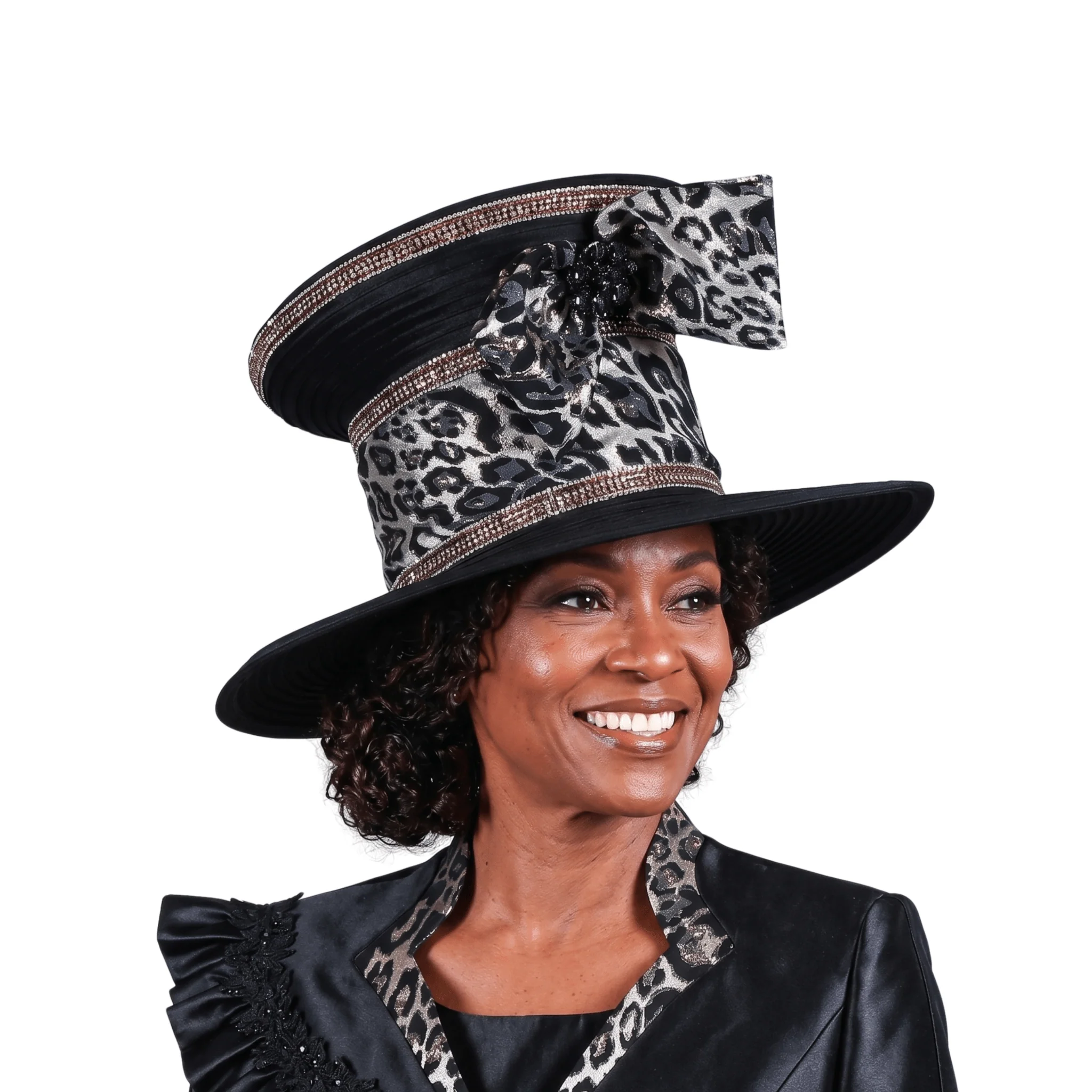 Wide Brim High Crown Hat w/ Anml Prt Bow&Stones