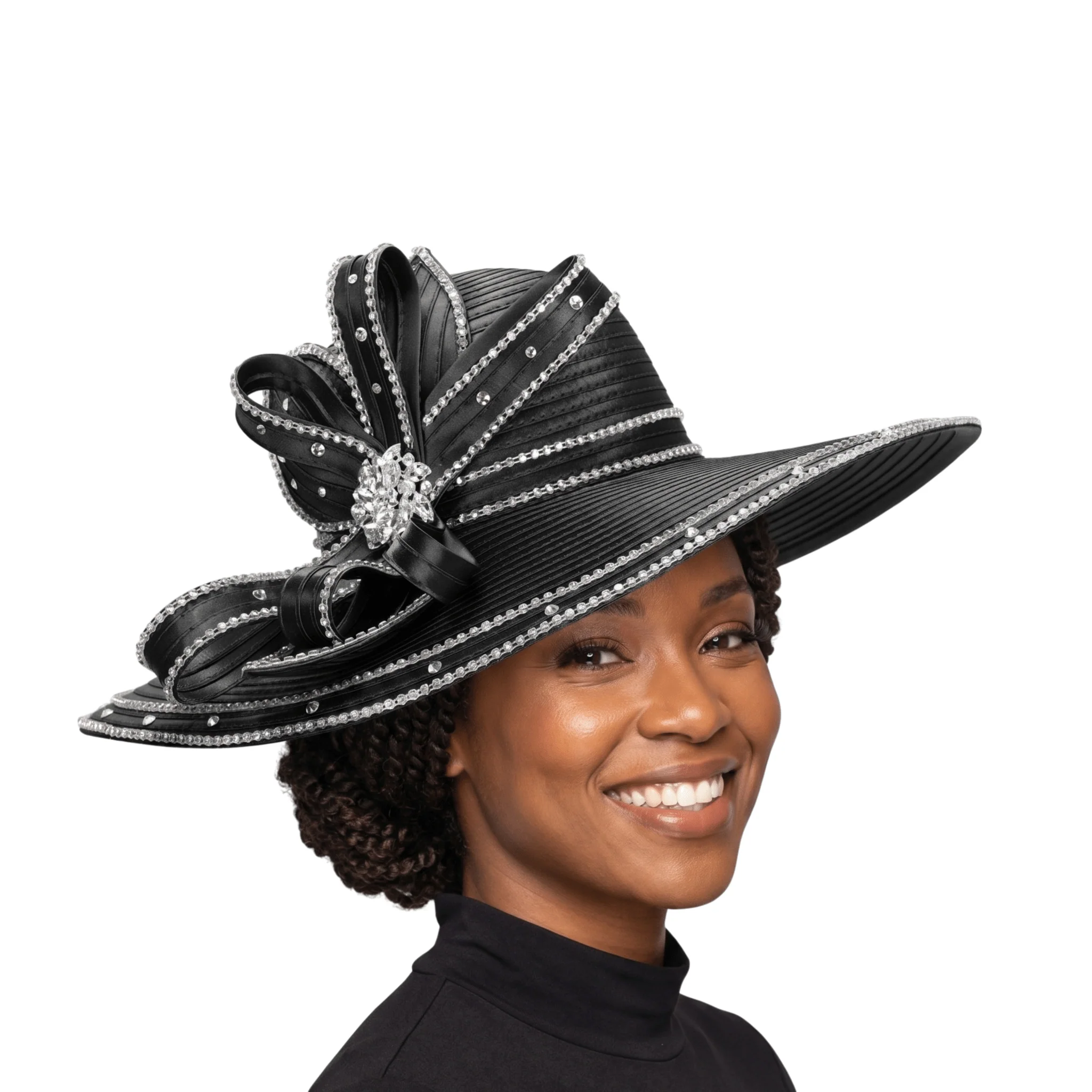 Wide Brim Rhinestoned Ribbon Hat - Image 3