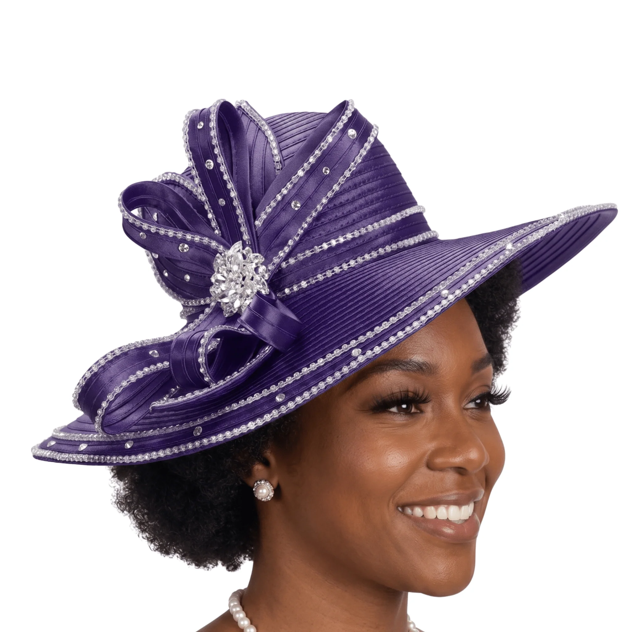 Wide Brim Rhinestoned Ribbon Hat - Image 5