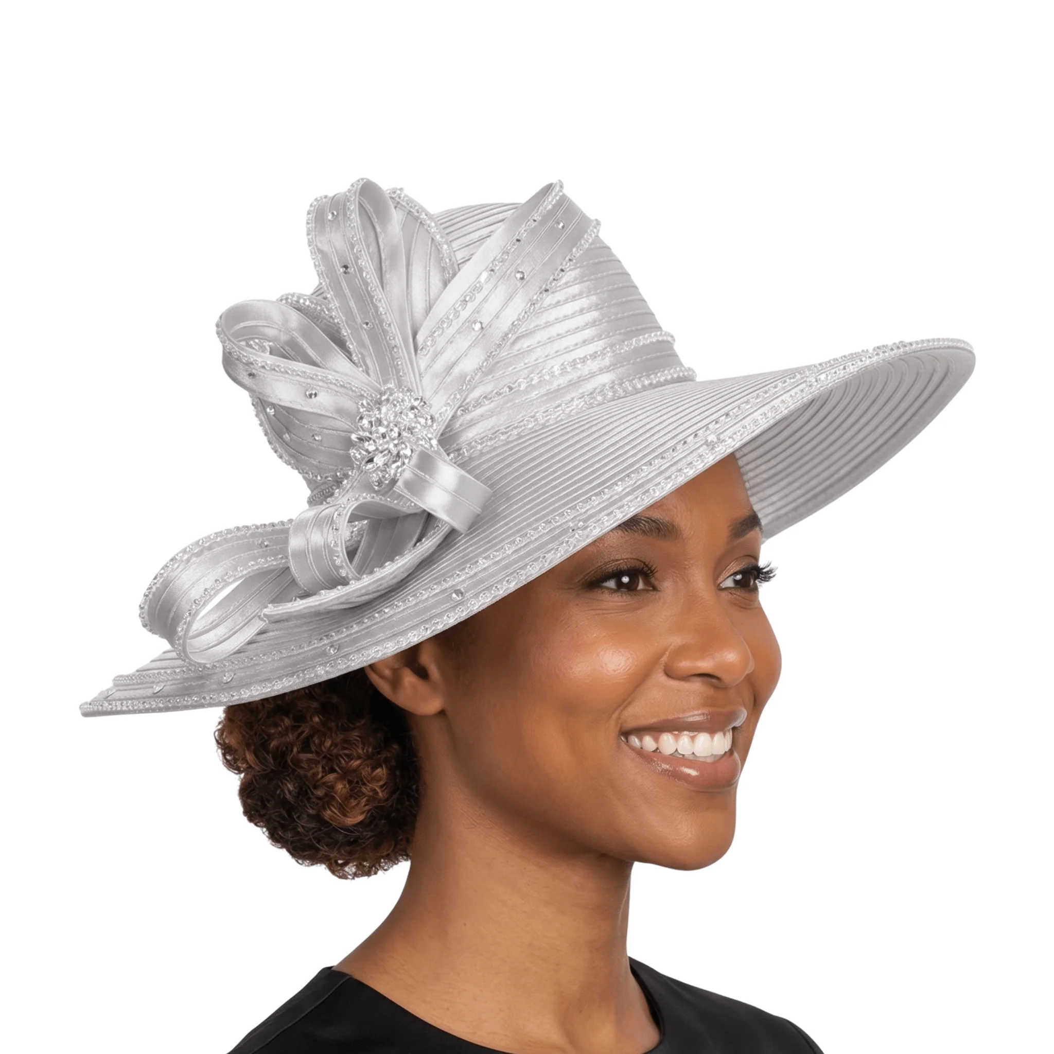 Wide Brim Rhinestoned Ribbon Hat - Image 7